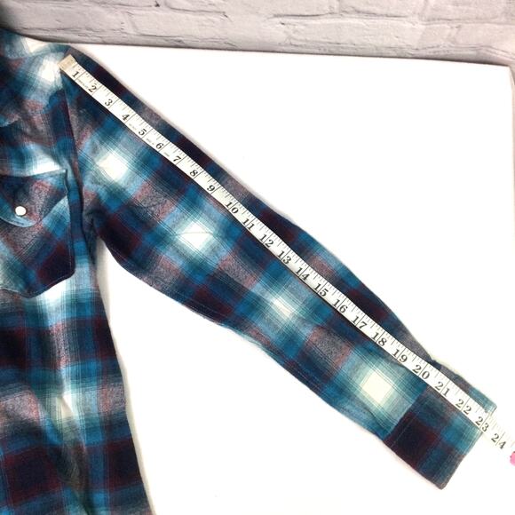 Roebuck and Co Western Pearl Snap Cowboy Rodeo Blue Plaid Flannel Shirt Men's S - Picture 13 of 13